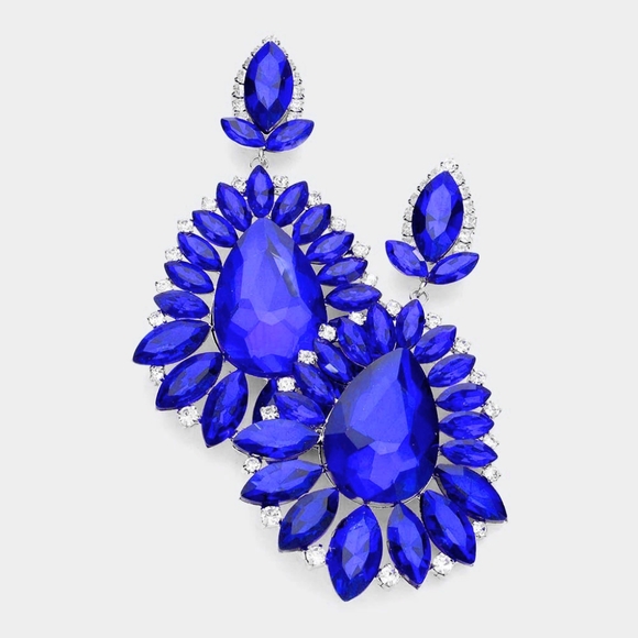 Blue Cluster Marquise Stone Crystal Dangle Earrings Teardrop Statement Earrings - Picture 1 of 5